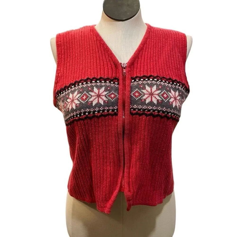 White Stag Womens Holiday Sweater Vest L Fair Isle Full Zip Apres Ski Christmas